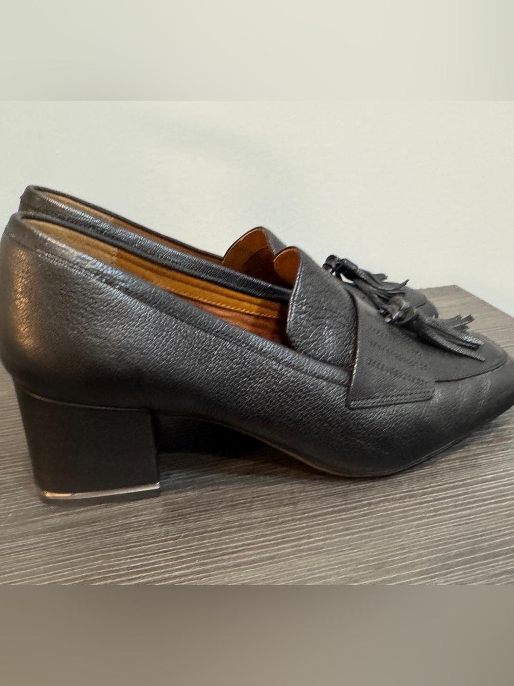 Franco Sarto Black Leather Tassel Block Heel Loafers